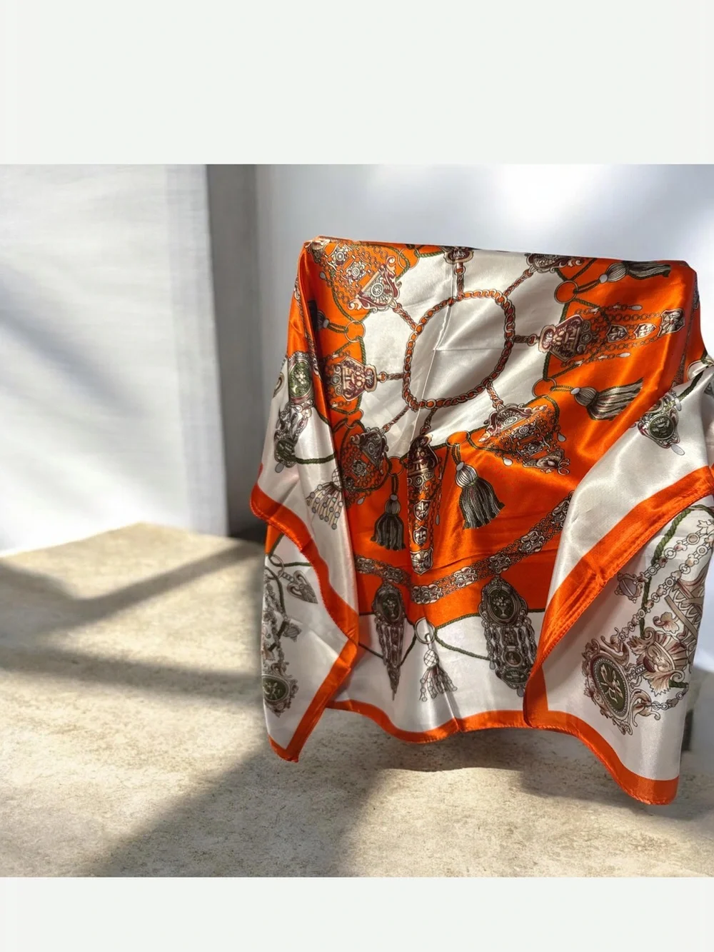 Silk-Feel Orange and White Chain Print Scarf